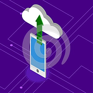 Smartphone uploading to a 3d cloud computing icon