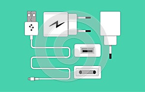 Smartphone USB charger adapter with USB Micro cable Socket and connector for PC and mobile devices. flat vector illustration