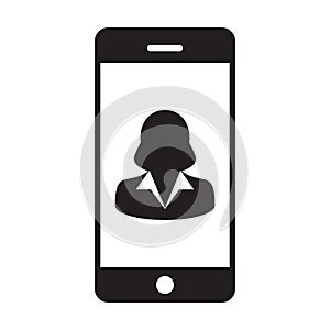 Smartphone user icon vector female person profile avatar with mobile symbol for communication in glyph pictogram