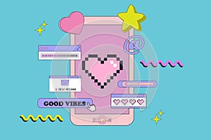 Smartphone with user interface elements in retro style. Phone with user interface elements.