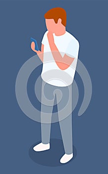 Smartphone using, man with mobile phone, isometric 3d young guy in casual clothes, male hold phone