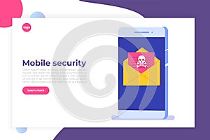 Smartphone virus malware trojan notification or alert. Hacker attack, Mobile security vector concept