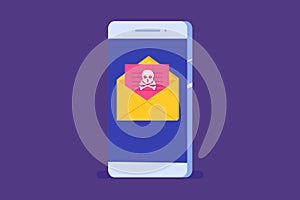 Smartphone virus malware trojan notification or alert. Hacker attack vector concept