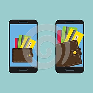 Smartphone, wallet and credit cards, set