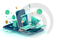 Smartphone wallet mobile application digital banking financial isometric objects illustration business management Generative AI