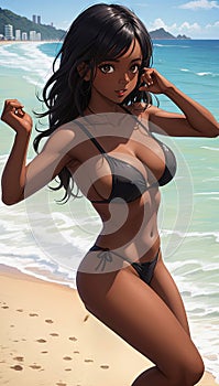 smartphone wallpaper of beautiful Brazilian girl playing beach volleyball. Attractive black woman in bikini. Cartoon illustration