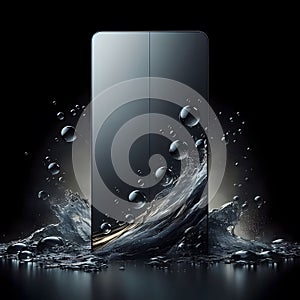 Smartphone with water splash and bubbles on black background. 3d rendering