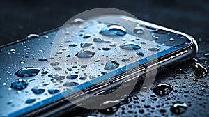 Smartphone in waterdrops waterproof phone. Generative AI