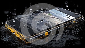 Waterdrops on smartphone, waterproof phone, wet phone