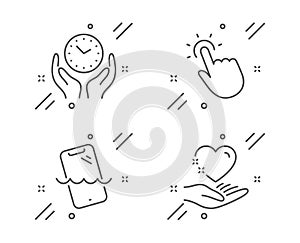 Smartphone waterproof, Touchpoint and Safe time icons set. Hold heart sign. Vector