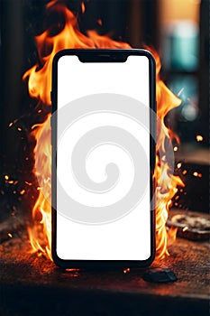 Smartphone with a white screen with the background of a burning fire. Generative Ai.