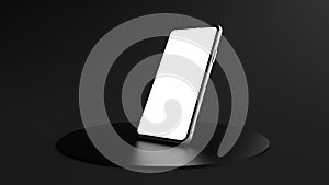 The Smartphone white screen on black round Pedestal, Mobile phone mockup tilted to the ground. Pedestal can be used for commercial