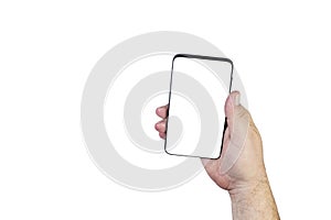 A smartphone with a white screen in the right hand of a man. White background, isolated. Place for text or graphics, flat lay,