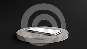 The Smartphone white screen on Round white Stone Pedestal, Mobile phone laid flat on the floor. Podium can be used for commercial