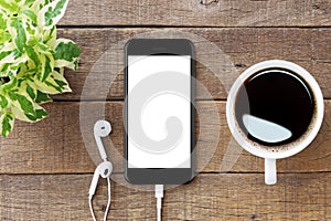Smartphone white screen on wooden table