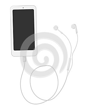 A smartphone with wired earphones with a blank screen. A phone, electronic device with empty space for text. Top view