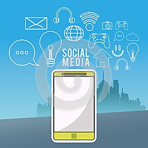 Smartphone wireless technology communication social media city background