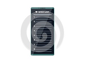 Smartphone with wish list app on display screen. Vector wishlist mobile phone application illustration. User phone
