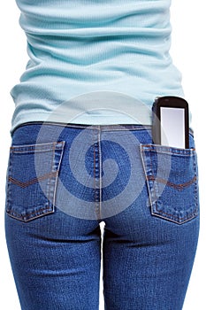 Smartphone in womans rear pocket