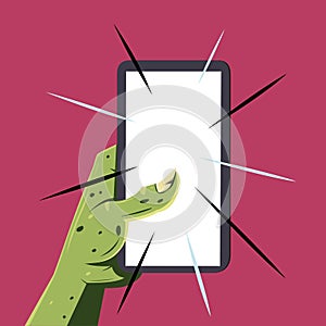 Smartphone in zombie hand. vector illustration