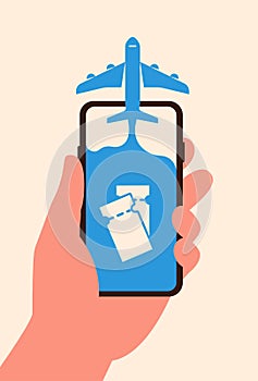 SmartphoneAirplane flies out of the screen phone and tickets in liquids in flat style