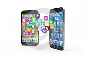 Smartphones with cloud of application icons