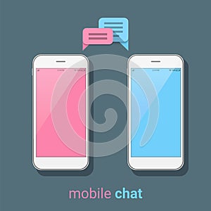 Smartphones with colorful speech bubbles on a dark background. Mobile chat, online messages.