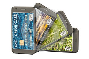 Smartphones with credit cards. Electronic wallet on mobile phone