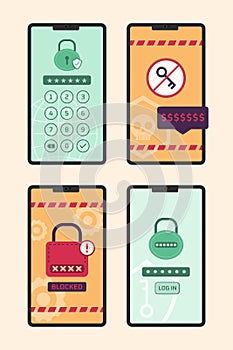Smartphones with Login Screen Warning for Cyber Security Concept Illustration