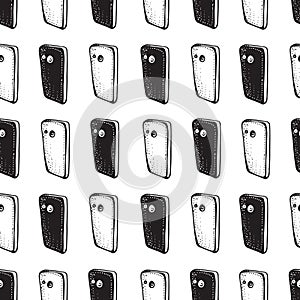 Smartphones seamless patterns. Electronic devices. Linear and silhouette mobile phones. Smartphone doodle vector