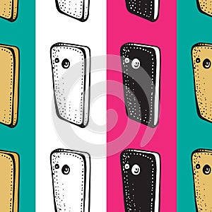 Smartphones seamless patterns. Electronic devices. Linear and silhouette mobile phones. Smartphone doodle vector