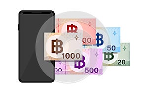 Smartphones and thai banknote money baht isolated on white, smart phone screen and money thailand THB, mobile phone wallet,