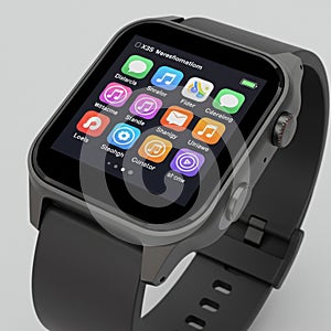Smartwatch with a black strap features a rectangular touchscreen displaying a