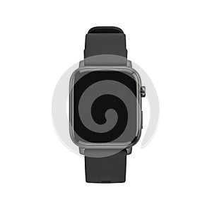 Smartwatch with black strap and rectangular screen displayed on white background