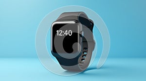 Smartwatch with blank black screen on blue background, close up view