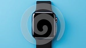 Smartwatch with blank black screen on blue background, close up view