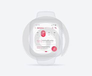 Smartwatch calendar planner app concept, Activity calendar clock UI UX, Wristwatch calendar schedule agenda annual planning meet