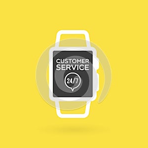 Smartwatch customer service 24/7 illustration. Concept of 24/7, open 24 hours, support, assistance, contact, customer service.