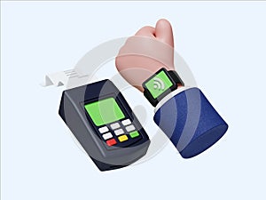Smartwatch displaying successful transaction on a payment terminal. 3D render illustration