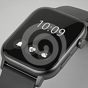 Smartwatch featuring a sleek black design with a rectangular touch screen displaying