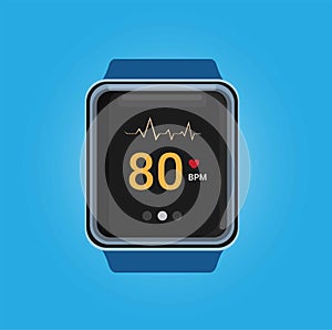 Smartwatch with heart beat rate check app in realistic illustration vector in blue background