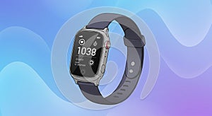 Smartwatch illustration featuring a sleek, rectangular design with rounded edges. The