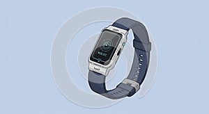 Smartwatch illustration with a rectangular digital display. The screen shows