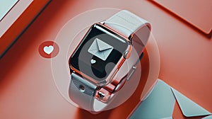 Smartwatch with love message notification on red background photo