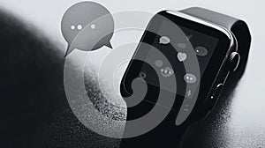 Smartwatch with messaging icons on monochrome background photo