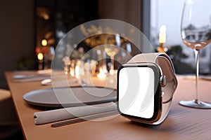 Smartwatch Mockup on Table at Elegant Dinner Setting