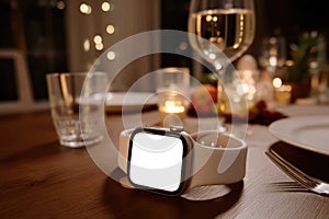 Smartwatch Mockup on Table at Elegant Dinner Setting