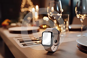 Smartwatch Mockup on Table at Elegant Dinner Setting