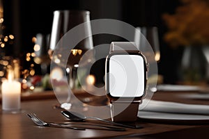 Smartwatch Mockup on Table at Elegant Dinner Setting