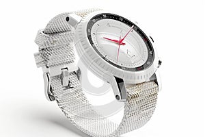 A smartwatch with a pearlescent white finish and a woven band, featuring